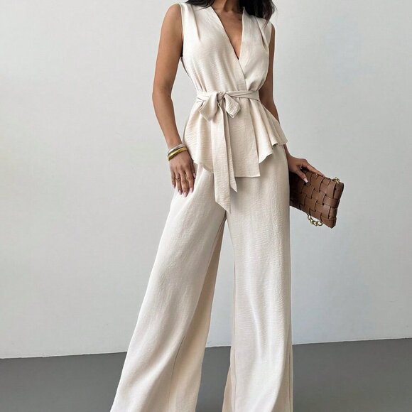 Apricot Elegant Women's Surplice Sleeveless Belted Blouse & Wide leg Pant Set - Picture 1 of 7